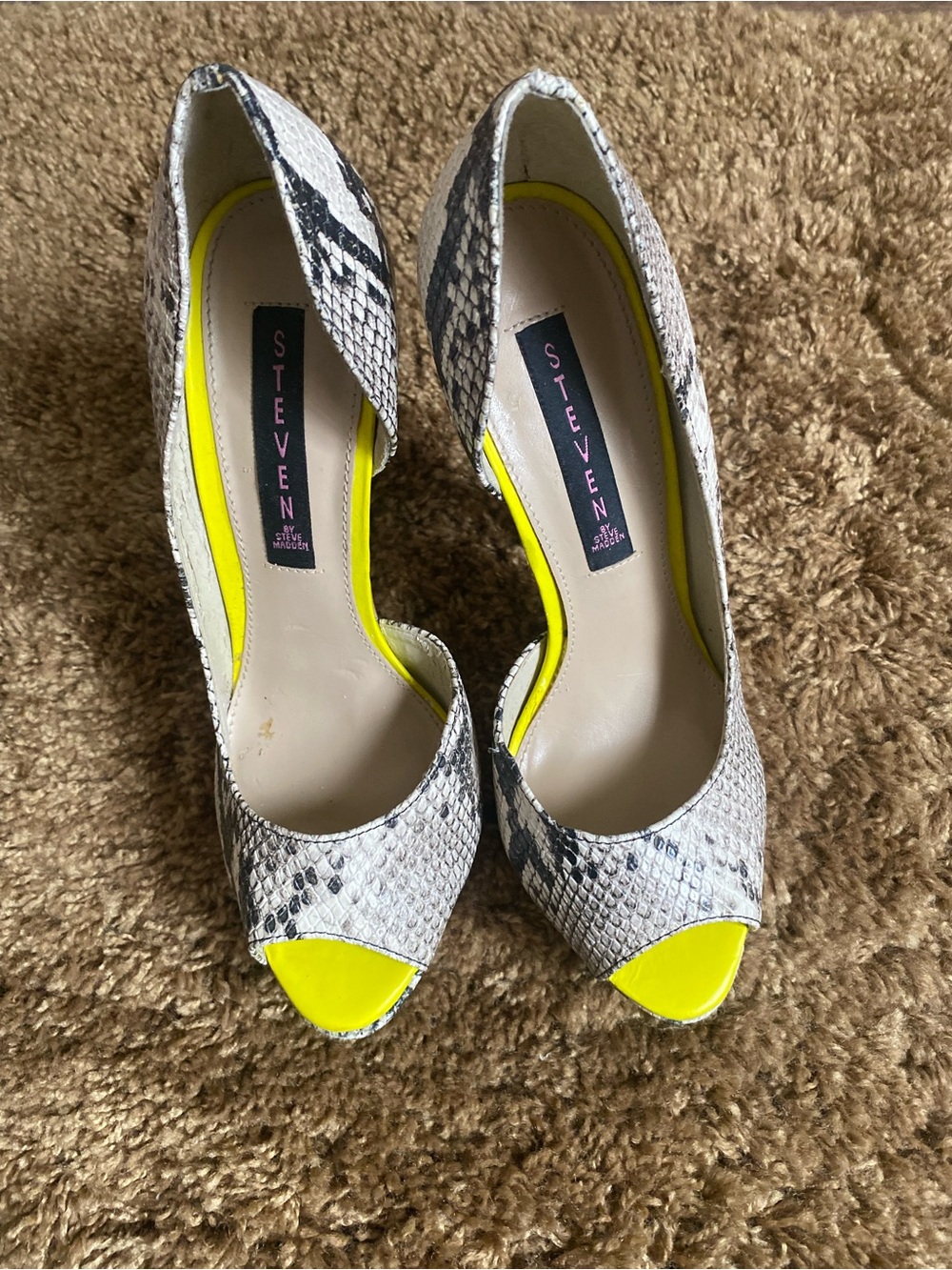 Steven by Steve Madden Snake-Print Peep-Toe Heels with Neon Yellow Accent